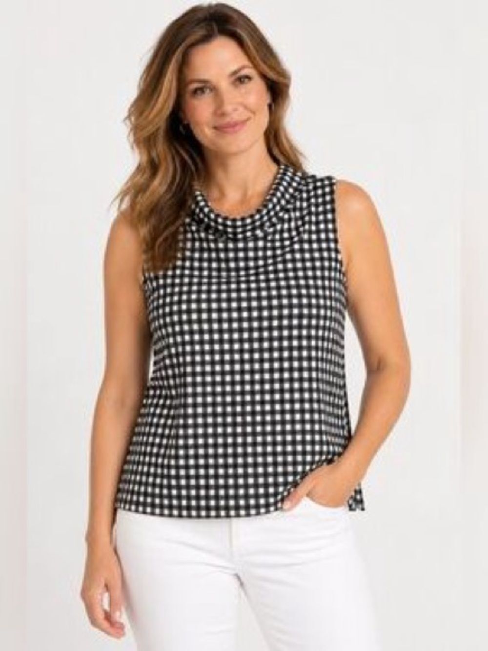 Talbots Sleeveless Black & White Gingham Cowl Neck Top Sz MP